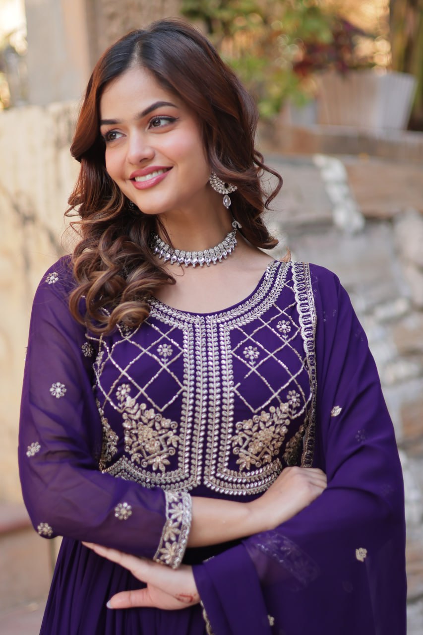 Purple Designer Faux Blooming Gown with Sequins & Beads Embroidery ClothsVilla