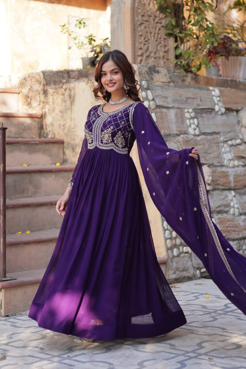 Purple Designer Faux Blooming Gown with Sequins & Beads Embroidery ClothsVilla