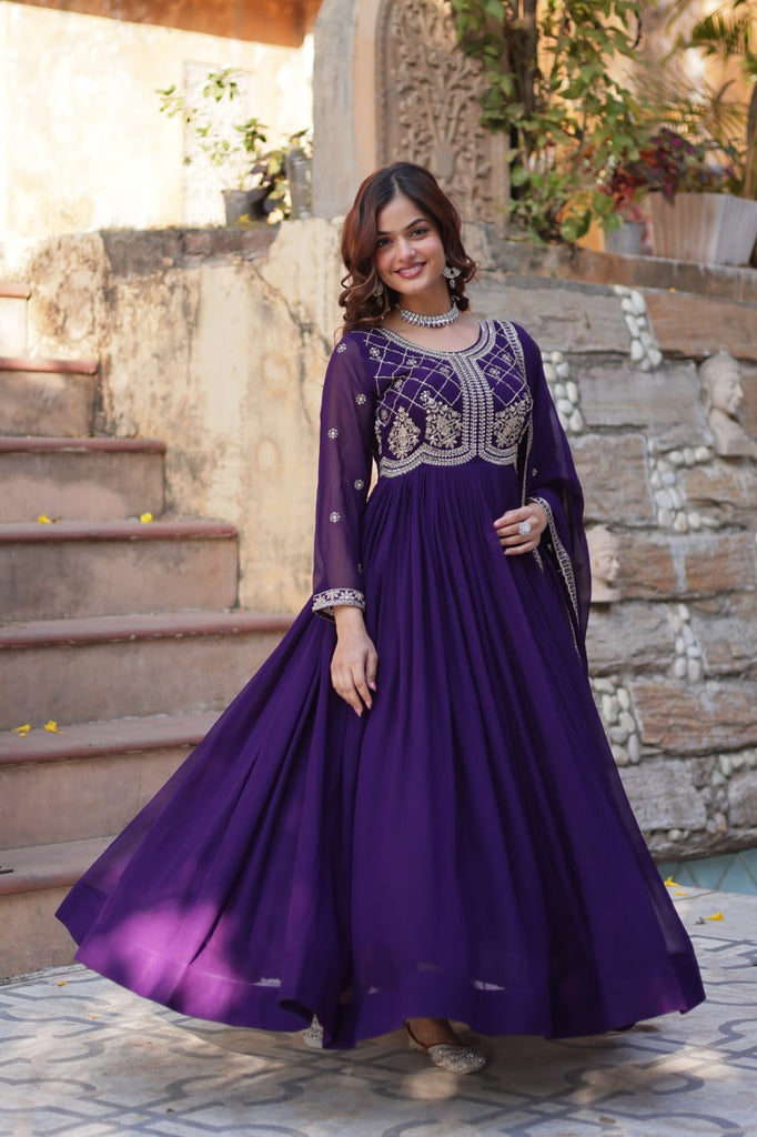 Purple Designer Faux Blooming Gown with Sequins & Beads Embroidery ClothsVilla
