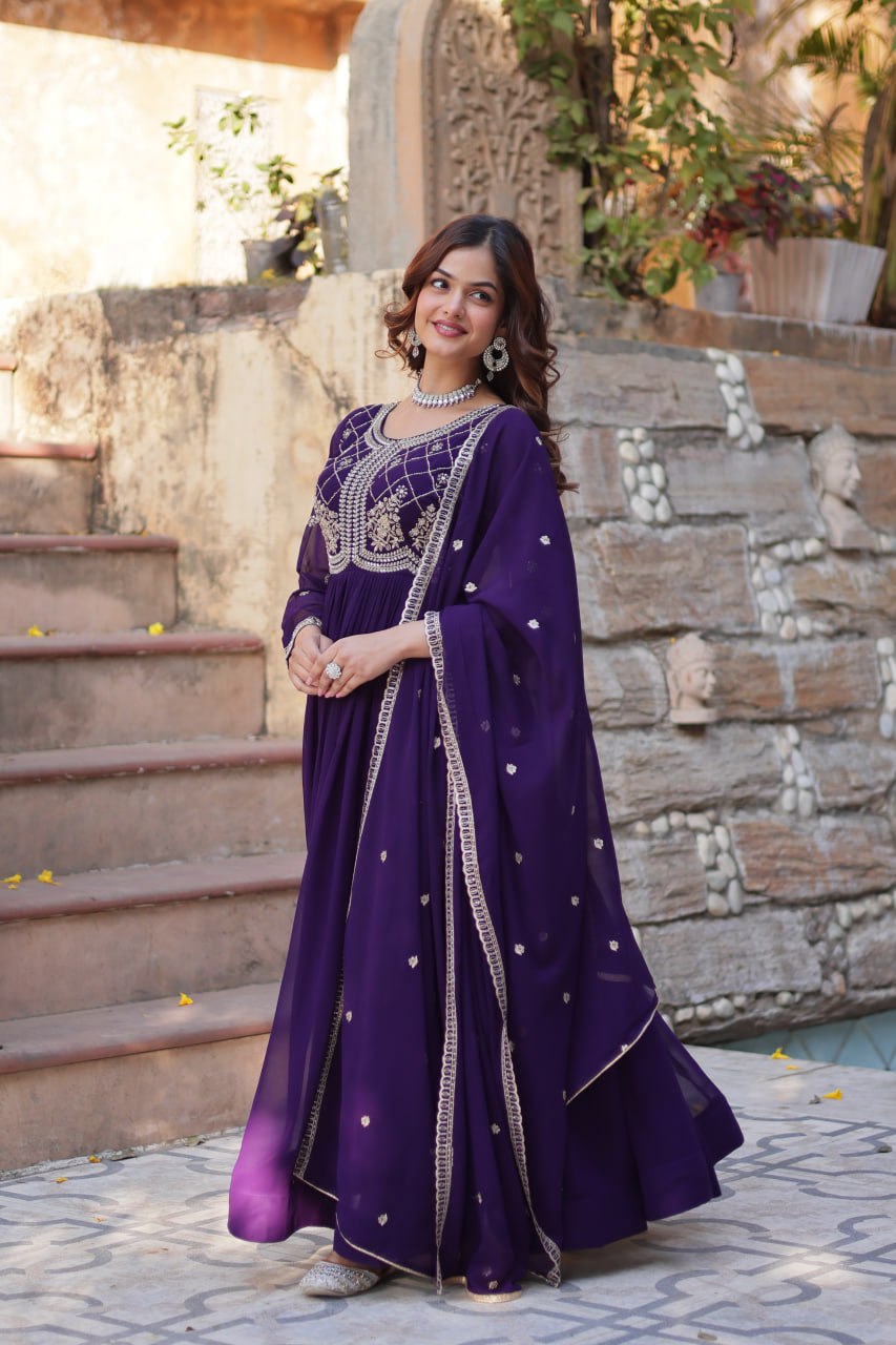 Purple Designer Faux Blooming Gown with Sequins & Beads Embroidery ClothsVilla