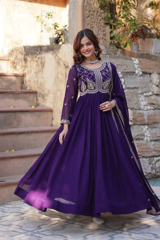 Purple Designer Faux Blooming Gown with Sequins & Beads Embroidery ClothsVilla