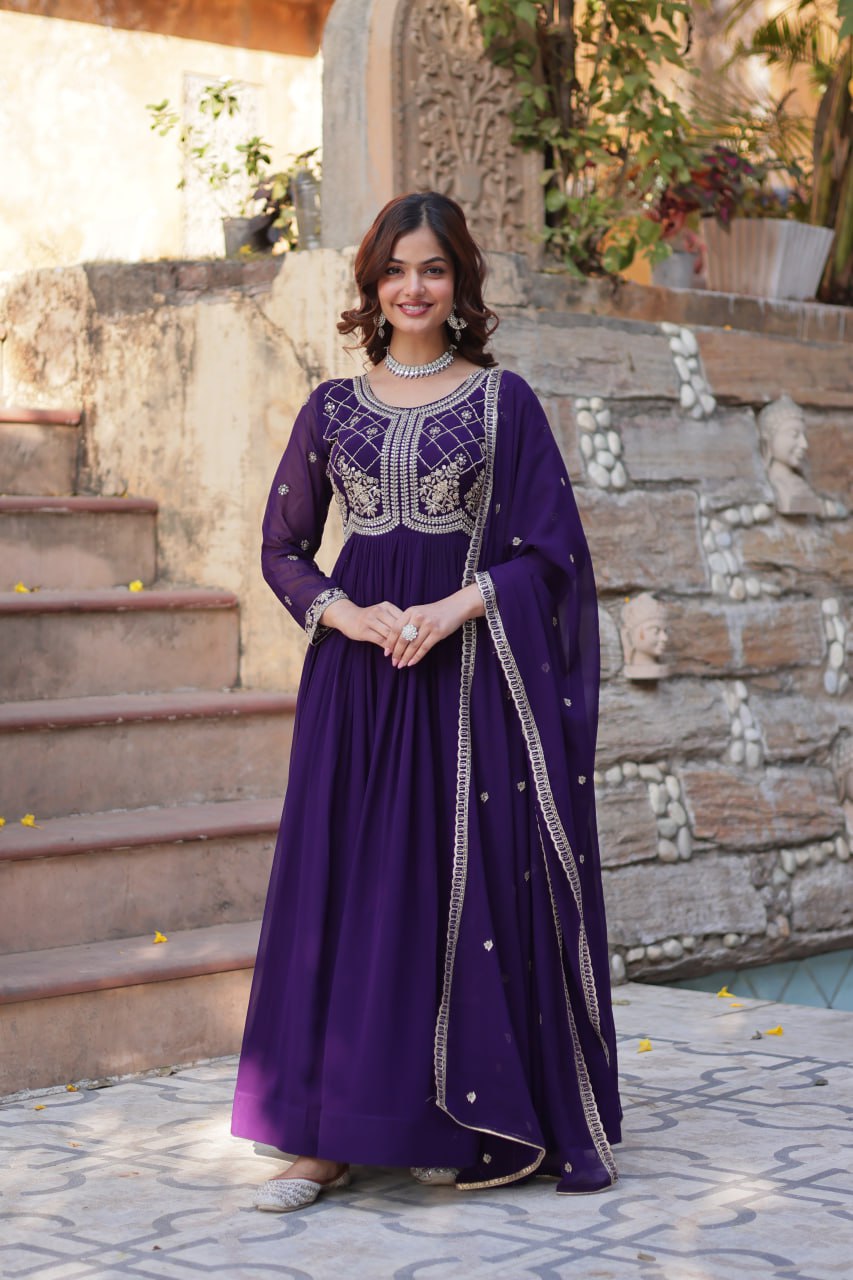 Purple Designer Faux Blooming Gown with Sequins & Beads Embroidery ClothsVilla