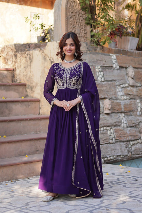 Purple Designer Faux Blooming Gown with Sequins & Beads Embroidery ClothsVilla Main image
