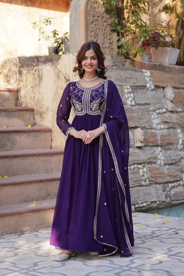 Purple Designer Faux Blooming Gown with Sequins & Beads Embroidery ClothsVilla