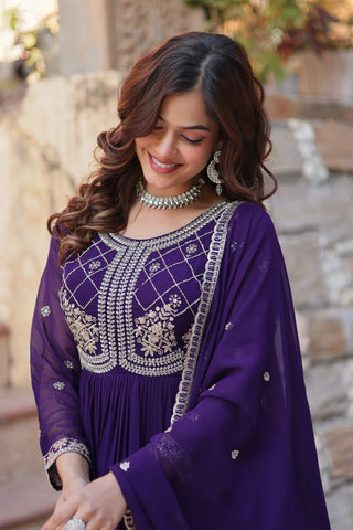 Purple Designer Faux Blooming Gown with Sequins & Beads Embroidery ClothsVilla