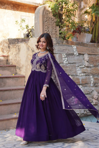 Purple Designer Faux Blooming Gown with Sequins & Beads Embroidery ClothsVilla