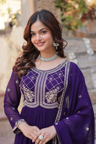 Purple Designer Faux Blooming Gown with Sequins & Beads Embroidery ClothsVilla