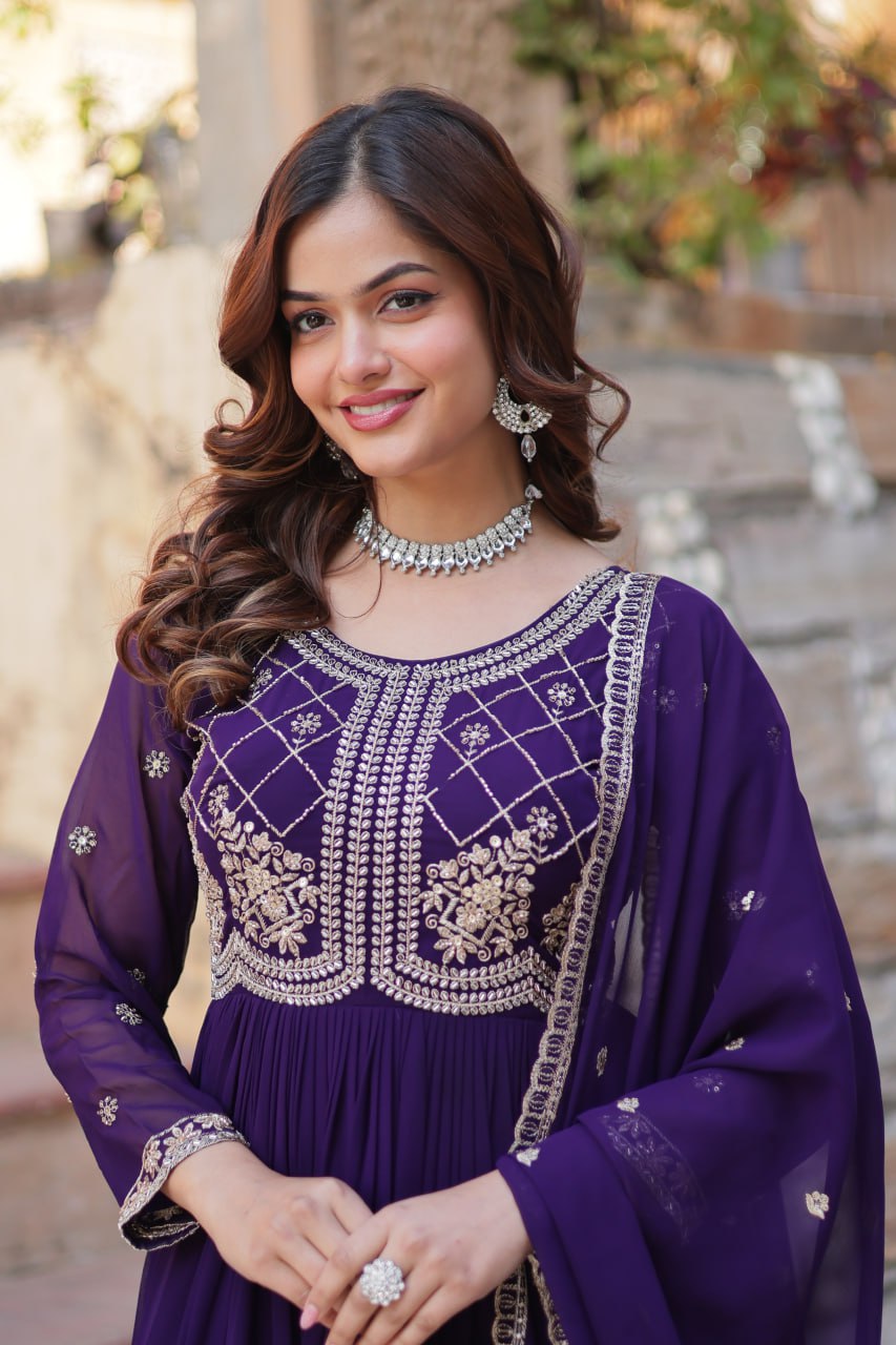 Purple Designer Faux Blooming Gown with Sequins & Beads Embroidery ClothsVilla