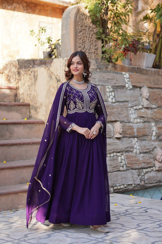 Purple Designer Faux Blooming Gown with Sequins & Beads Embroidery ClothsVilla
