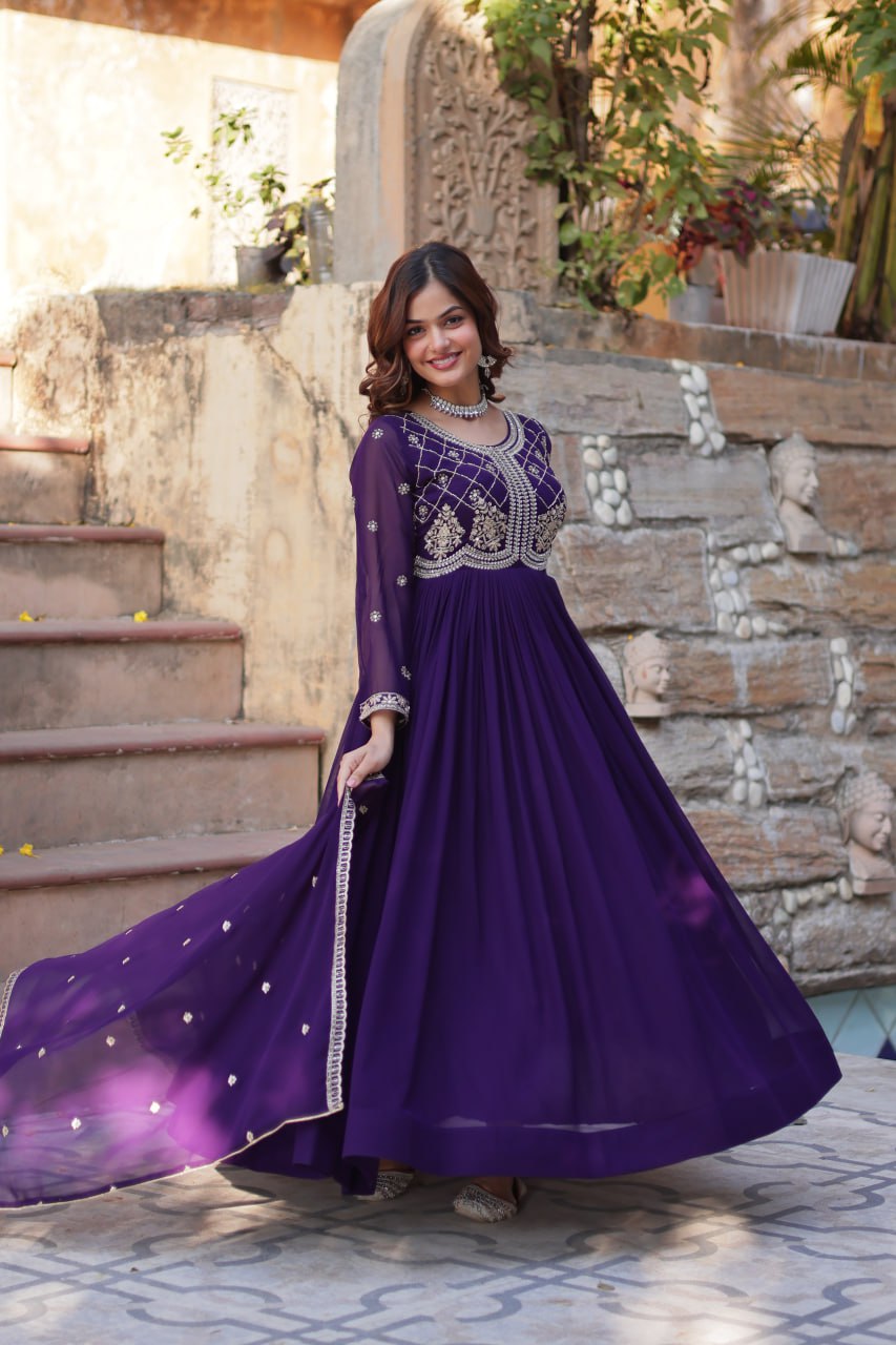 Purple Designer Faux Blooming Gown with Sequins & Beads Embroidery ClothsVilla