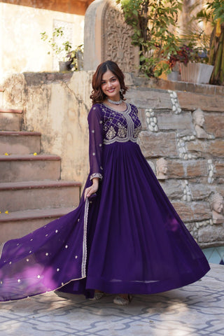 Purple Designer Faux Blooming Gown with Sequins & Beads Embroidery ClothsVilla