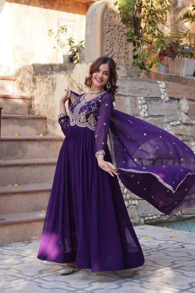 Purple Designer Faux Blooming Gown with Sequins & Beads Embroidery ClothsVilla
