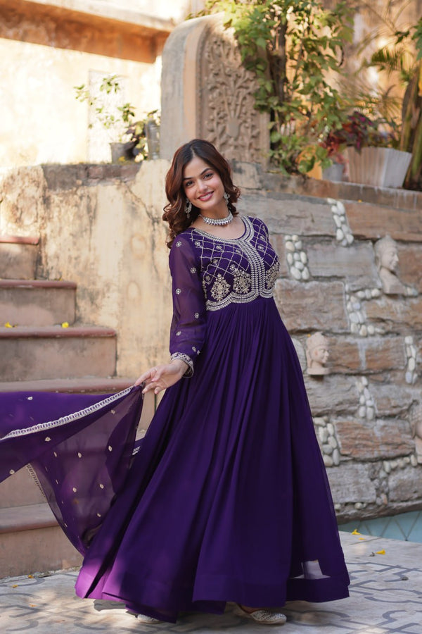 Purple Designer Faux Blooming Gown with Sequins & Beads Embroidery ClothsVilla