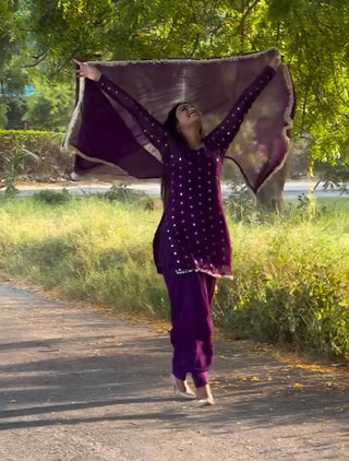 Purple Designer Faux Georgette Dhoti Suit Set with Heavy Sequins & Zari Embroidery ClothsVilla