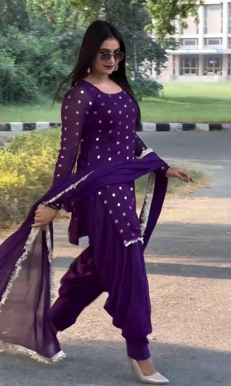 Purple Designer Faux Georgette Dhoti Suit Set with Heavy Sequins & Zari Embroidery ClothsVilla