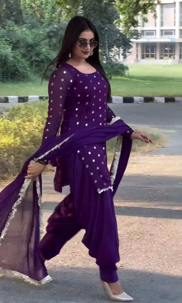 Purple Designer Faux Georgette Dhoti Suit Set with Heavy Sequins & Zari Embroidery ClothsVilla