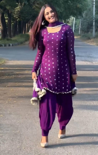 Purple Designer Faux Georgette Dhoti Suit Set with Heavy Sequins & Zari Embroidery ClothsVilla