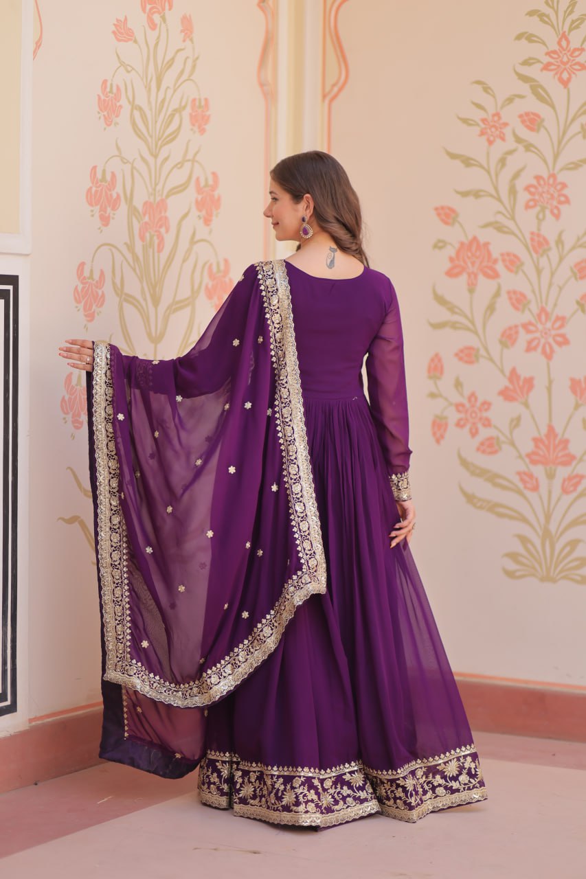 Purple Designer Faux Georgette Gown with Zari & Sequins Embroidery and Embroidered Dupatta – Luxury Ethnic Set ClothsVilla