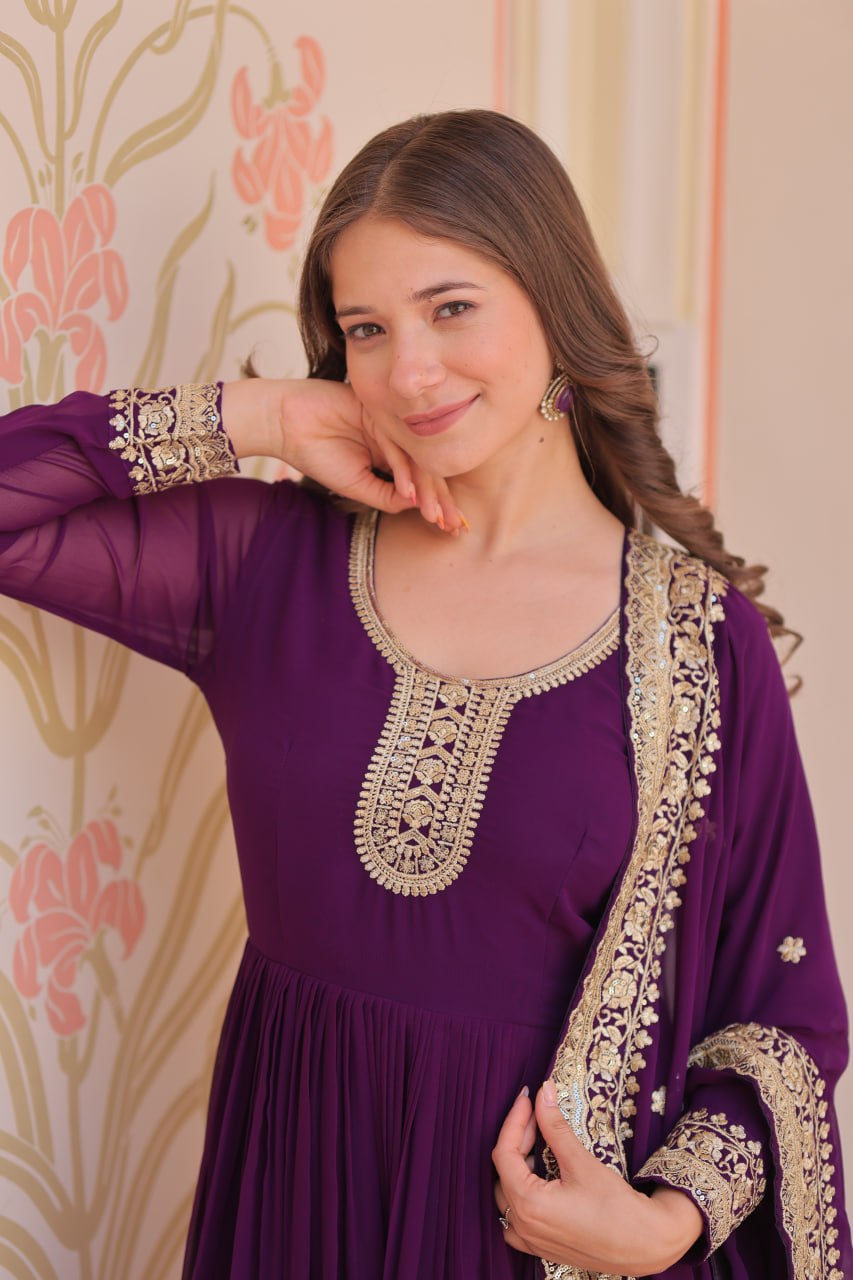 Purple Designer Faux Georgette Gown with Zari & Sequins Embroidery and Embroidered Dupatta – Luxury Ethnic Set ClothsVilla