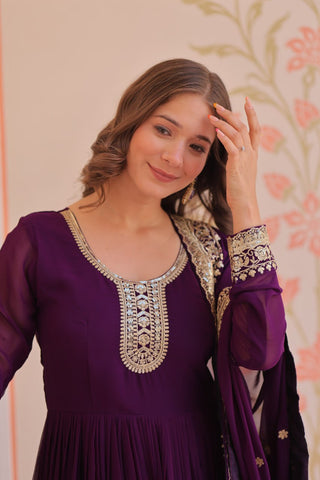 Purple Designer Faux Georgette Gown with Zari & Sequins Embroidery and Embroidered Dupatta – Luxury Ethnic Set ClothsVilla