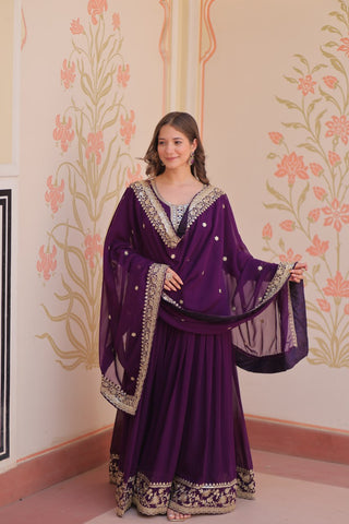 Purple Designer Faux Georgette Gown with Zari & Sequins Embroidery and Embroidered Dupatta – Luxury Ethnic Set ClothsVilla