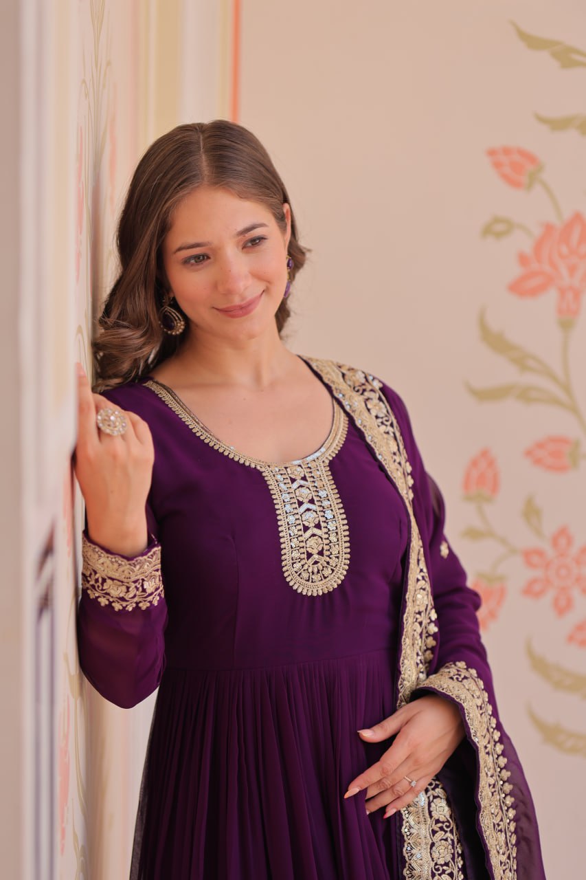 Purple Designer Faux Georgette Gown with Zari & Sequins Embroidery and Embroidered Dupatta – Luxury Ethnic Set ClothsVilla