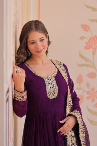 Purple Designer Faux Georgette Gown with Zari & Sequins Embroidery and Embroidered Dupatta – Luxury Ethnic Set ClothsVilla