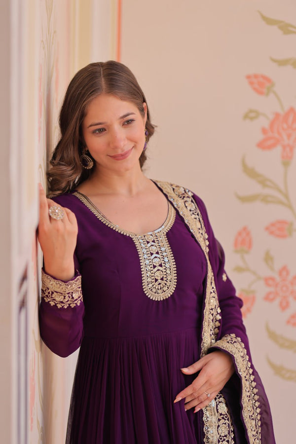 Purple Designer Faux Georgette Gown with Zari & Sequins Embroidery and Embroidered Dupatta – Luxury Ethnic Set ClothsVilla