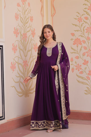 Purple Designer Faux Georgette Gown with Zari & Sequins Embroidery and Embroidered Dupatta – Luxury Ethnic Set ClothsVilla