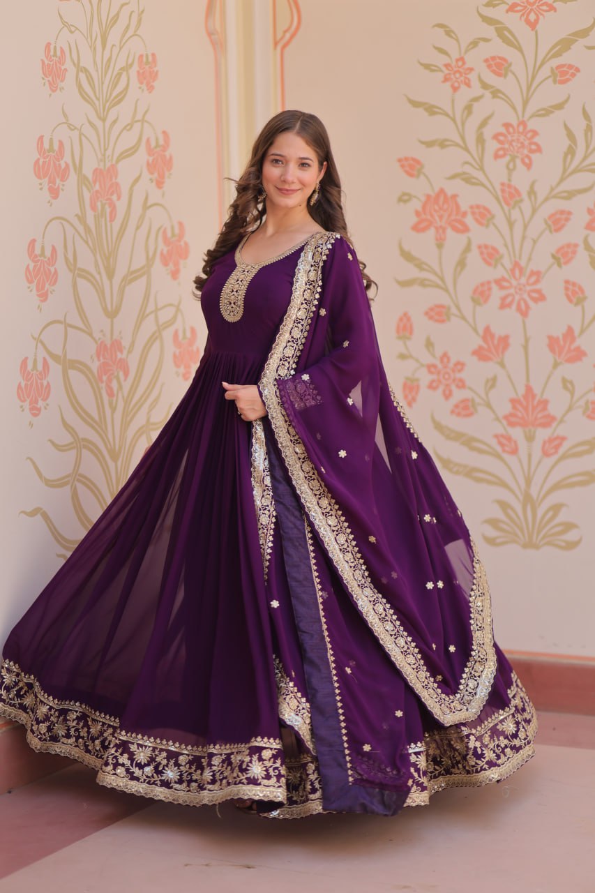 Purple Designer Faux Georgette Gown with Zari & Sequins Embroidery and Embroidered Dupatta – Luxury Ethnic Set ClothsVilla
