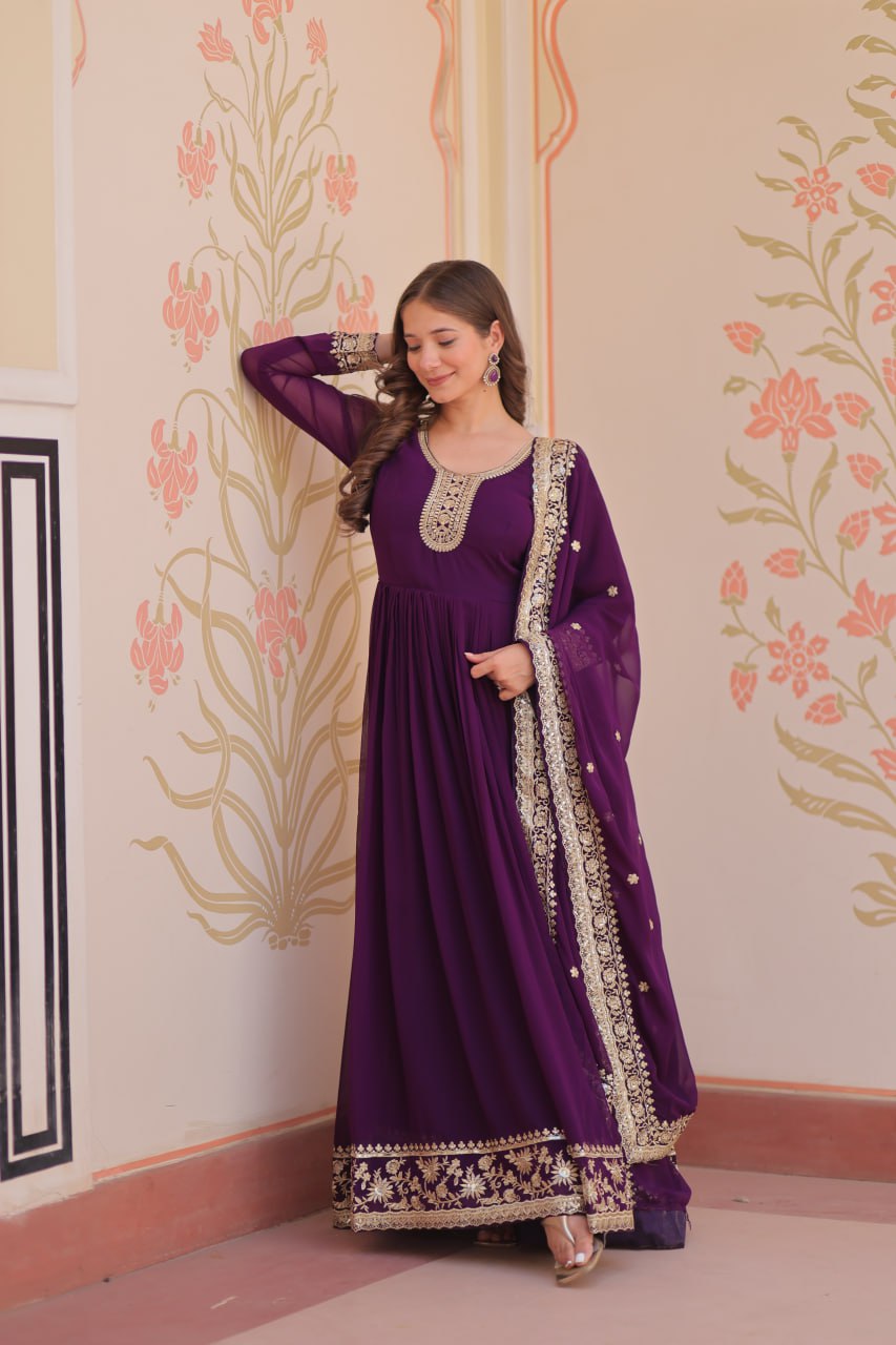 Purple Designer Faux Georgette Gown with Zari & Sequins Embroidery and Embroidered Dupatta – Luxury Ethnic Set Secondary image