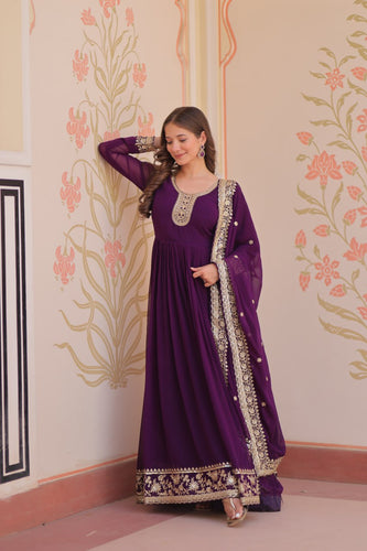 Purple Designer Faux Georgette Gown with Zari & Sequins Embroidery and Embroidered Dupatta – Luxury Ethnic Set ClothsVilla