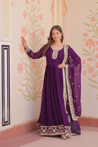 Purple Designer Faux Georgette Gown with Zari & Sequins Embroidery and Embroidered Dupatta – Luxury Ethnic Set ClothsVilla