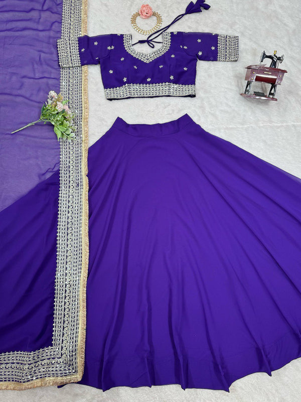 Purple Designer Faux Georgette Semi-Stitched Lehenga Choli with Sequin Embroidery & Butterfly Net Dupatta ClothsVilla