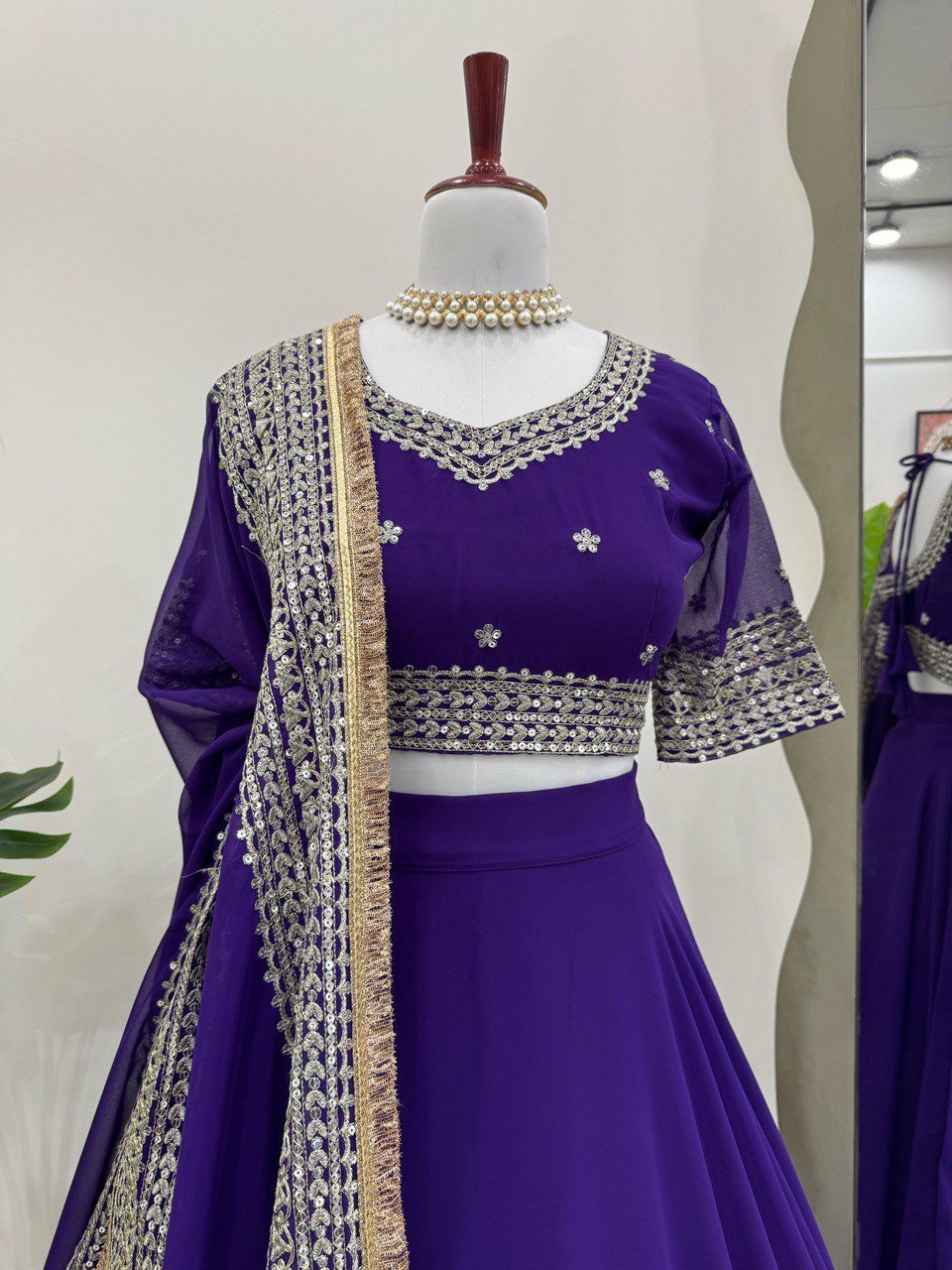 Purple Designer Faux Georgette Semi-Stitched Lehenga Choli with Sequin Embroidery & Butterfly Net Dupatta ClothsVilla