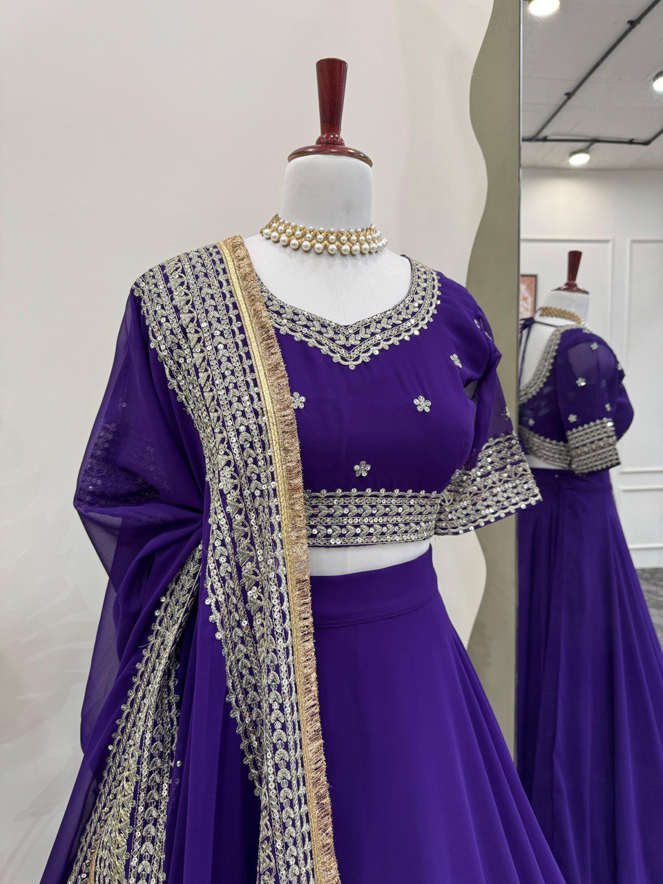 Purple Designer Faux Georgette Semi-Stitched Lehenga Choli with Sequin Embroidery & Butterfly Net Dupatta ClothsVilla