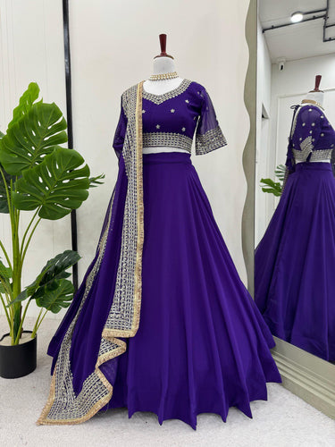 Purple Designer Faux Georgette Semi-Stitched Lehenga Choli with Sequin Embroidery & Butterfly Net Dupatta ClothsVilla