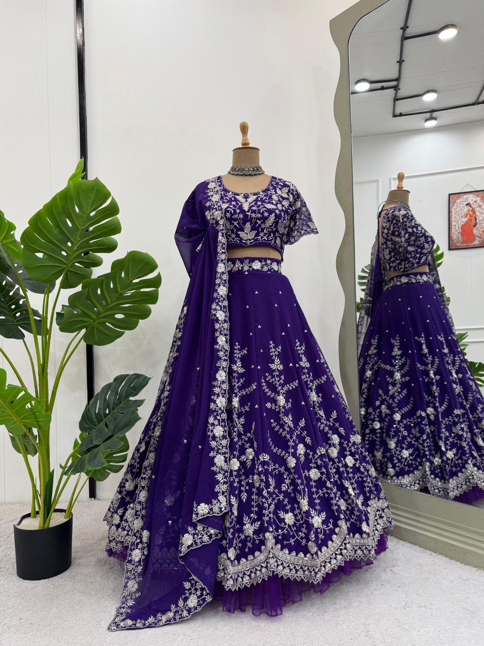 Purple Designer Fox Georgette Lehenga Set with 4-Meter Flair & Sequin Embroidery ClothsVilla