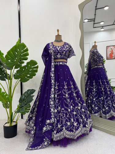 Purple Designer Fox Georgette Lehenga Set with 4-Meter Flair & Sequin Embroidery ClothsVilla