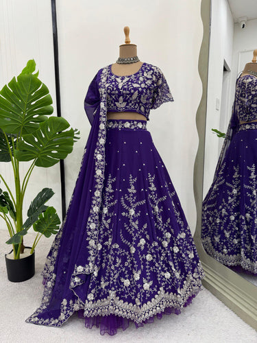 Purple Designer Fox Georgette Lehenga Set with 4-Meter Flair & Sequin Embroidery ClothsVilla