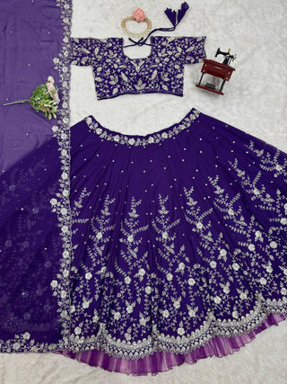 Purple Designer Fox Georgette Lehenga Set with 4-Meter Flair & Sequin Embroidery ClothsVilla