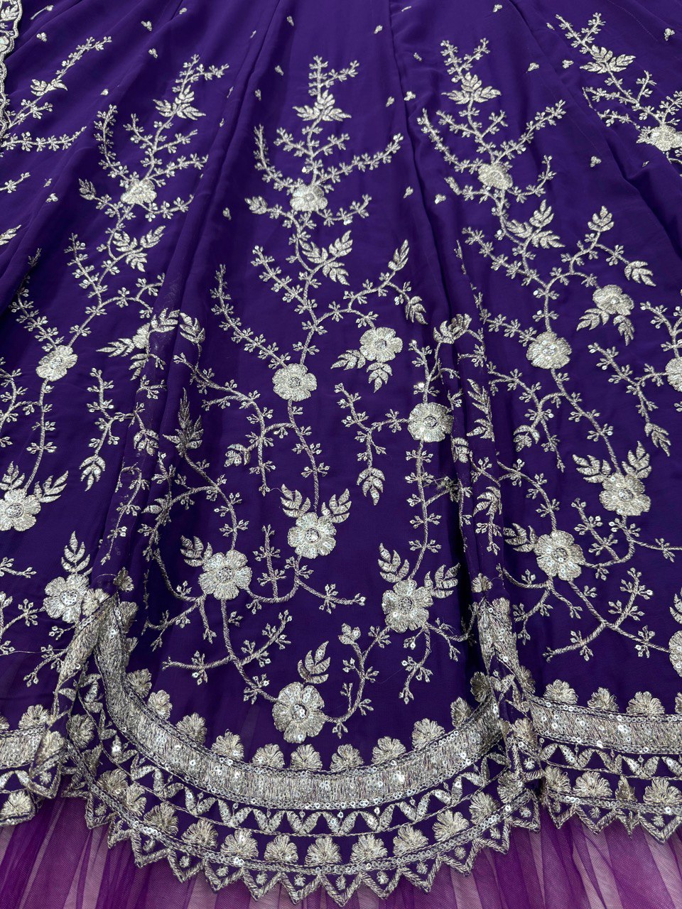Purple Designer Fox Georgette Lehenga Set with 4-Meter Flair & Sequin Embroidery ClothsVilla