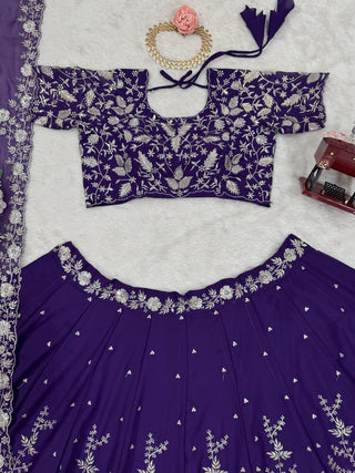 Purple Designer Fox Georgette Lehenga Set with 4-Meter Flair & Sequin Embroidery ClothsVilla