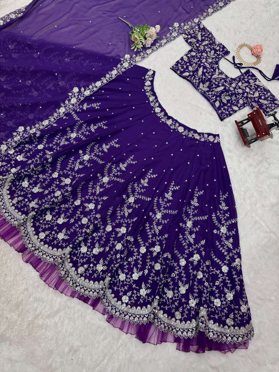 Purple Designer Fox Georgette Lehenga Set with 4-Meter Flair & Sequin Embroidery ClothsVilla