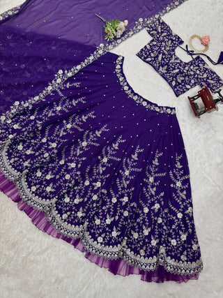 Purple Designer Fox Georgette Lehenga Set with 4-Meter Flair & Sequin Embroidery ClothsVilla
