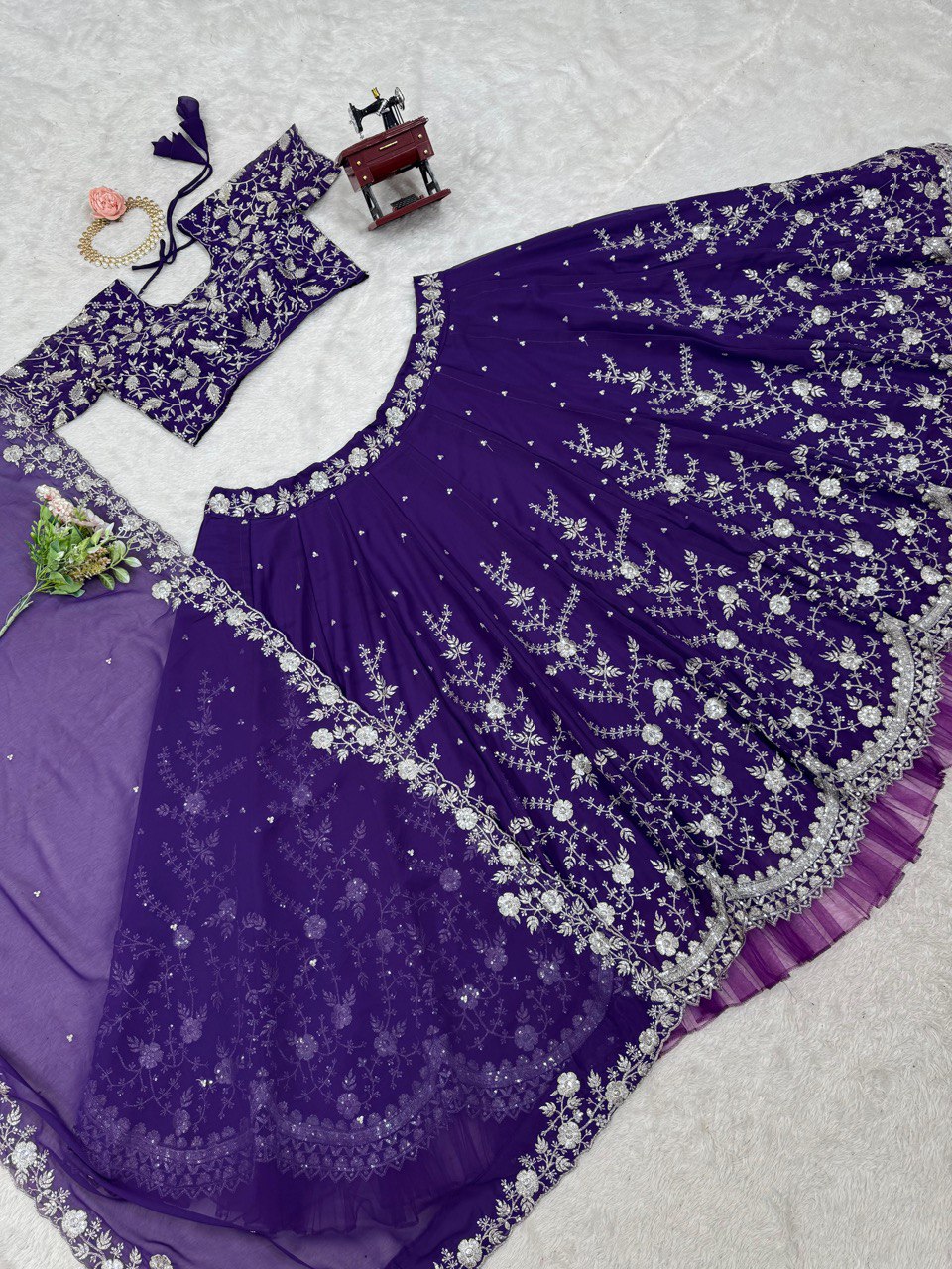 Purple Designer Fox Georgette Lehenga Set with 4-Meter Flair & Sequin Embroidery ClothsVilla