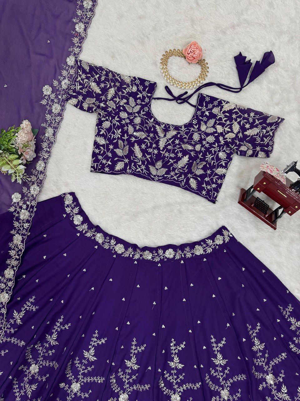 Purple Designer Fox Georgette Lehenga Set with 4-Meter Flair & Sequin Embroidery ClothsVilla
