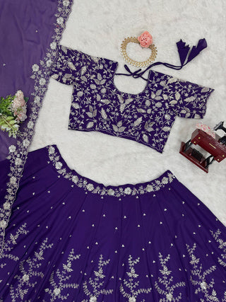 Purple Designer Fox Georgette Lehenga Set with 4-Meter Flair & Sequin Embroidery ClothsVilla