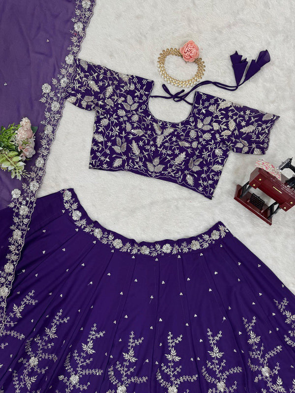 Purple Designer Fox Georgette Lehenga Set with 4-Meter Flair & Sequin Embroidery ClothsVilla