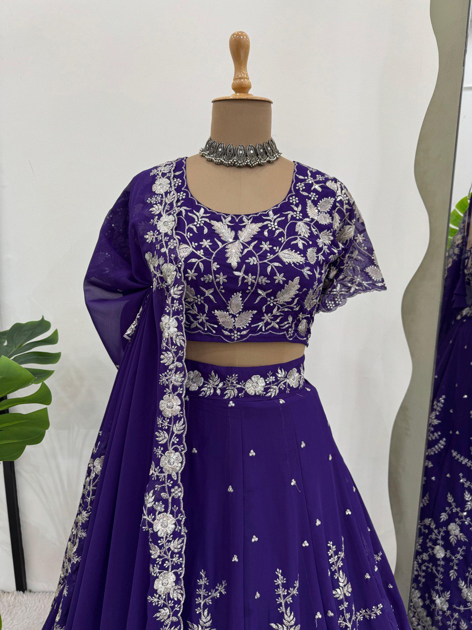 Purple Designer Fox Georgette Lehenga Set with 4-Meter Flair & Sequin Embroidery ClothsVilla